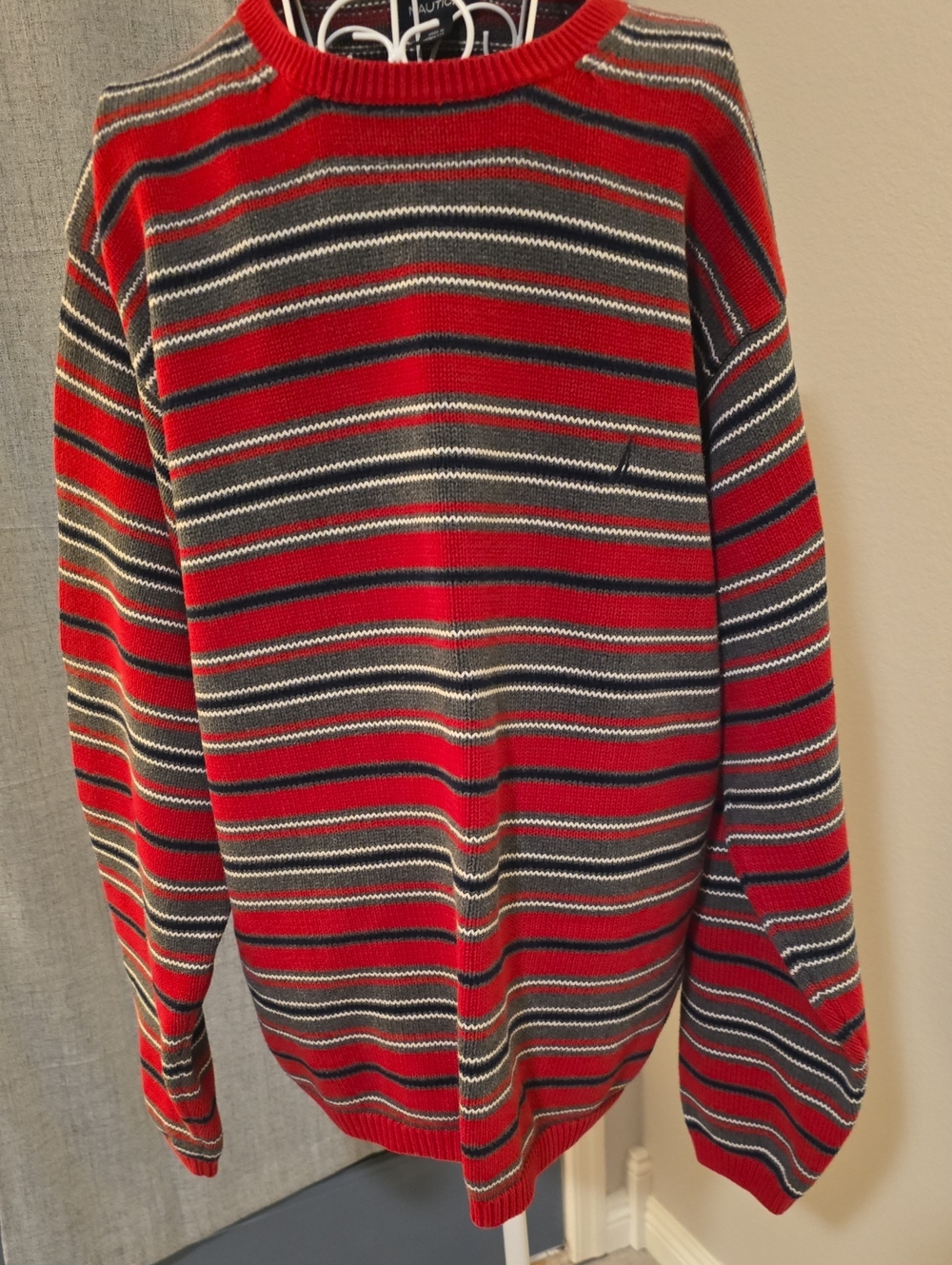 Nautica Red and Gray Striped Crewneck Sweater